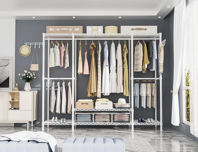 Ulif E3 Heavy Duty Garment Rack, 4 Tiers Freestanding Closet Organizer System with 5 Shelves, Metal Closet Organizer and Storage System for Clothes, Max Load 650lbs, 57.1"W x 14.5"D x 77.3"H, White