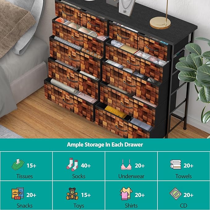 TV Stand Dresser for Bedroom, Tall Fabric Drawer Dresser, Chest of Drawers, Fabric Storage Organizer Cabinet for Closet, Nursery (Solid Brown)