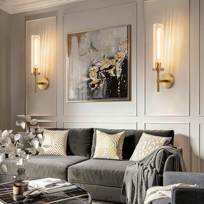 19.5" Knurled Brass Wall Sconces Set of 2, Gold Bathroom Vanity Light Fixtures with Water Ripples Glass Tube, Modern Lamp Lighting for Bedroom, Living Room, Hallway, Staircase, Mirror, Kitchen