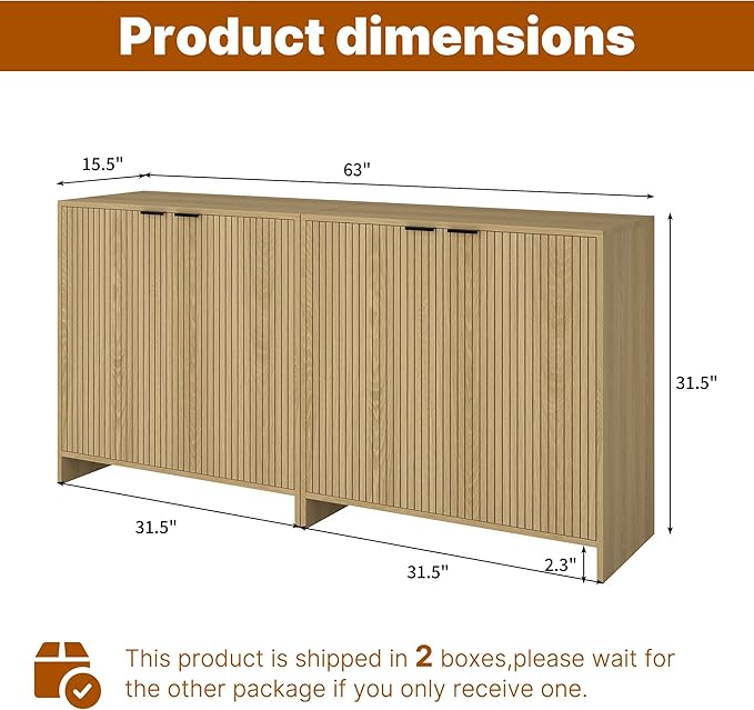 63" TV Stand for TVs up to 70",Modern Fluted TV Console with Storage Cabinet,Entertainment Center with 4 Doors & Adjustable Shelves for Living Room,Natural Oak