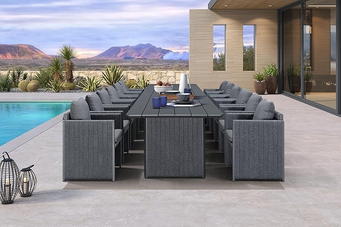 PURPLE LEAF 13 Pieces Outdoor Patio Dining Set Modern Extra Large Weather-Resistant Table and Aluminum Chairs Pillows Included for Outdoor Garden Grey
