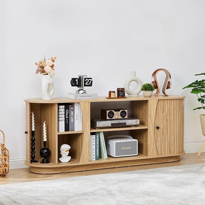 Turtle & Myrtle 63" Mid Century Modern TV Stand for Tvs up to 70", Fluted TV Media Console Table with Storage and Adjustable Shelves, Curved Edge Entertainment Center for Living Room(Natural)