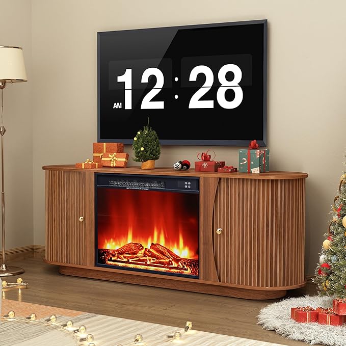 63" Fireplace TV Stand for TVs Up to 70" with 23" Electric Fireplace, Mid-Century Modern Fluted TV Media Console Table with Storage and Shelf, Curved Edge Entertainment Center for Living Room(Walnut)