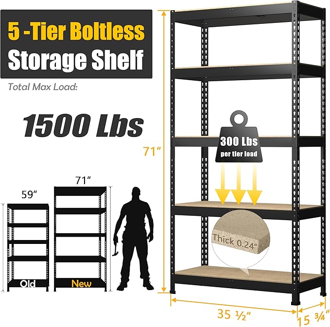 PrimeZone Heavy Duty Storage Shelves - 5 Tier 35.5" W x 15.75" D x 71" H Adjustable Garage Storage Shelving, Metal Storage Utility Rack Shelf Unit for Warehouse Pantry Closet Kitchen, Black