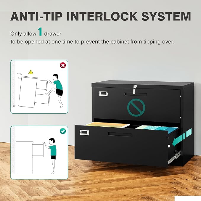 SISESOL 2 Drawer Lateral File Cabinet with Lock,Black Lateral Filing Cabinet,Horizontal Metal Filing Cabinet,Locked Wide Two Drawer File Cabinet for Office Home,Fit A4/F4/Letter/Legal File