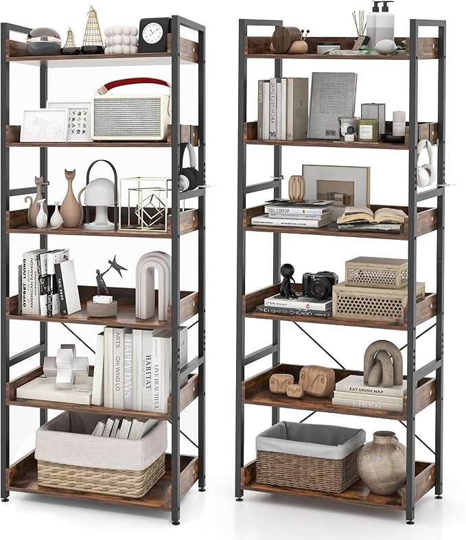 Tangkula 6-Tier Bookshelf, 70” Tall Industrial Bookcase w/Open Shelves & 4 Hooks, Storage Rack w/Metal Frame, Vintage Standing Display Rack for Study Living Room Kitchen (2, Rustic Brown)