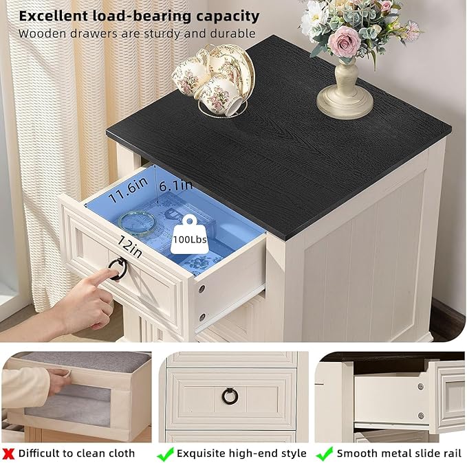 18" Farmhouse Night Stands Set of 2 with Charging Station, 2 & 3 Drawers End Table Dresser for Bedroom, White Wooden Nightstand, Bed Side Table with Open Shelf, Bedside Cabinet for Living Room