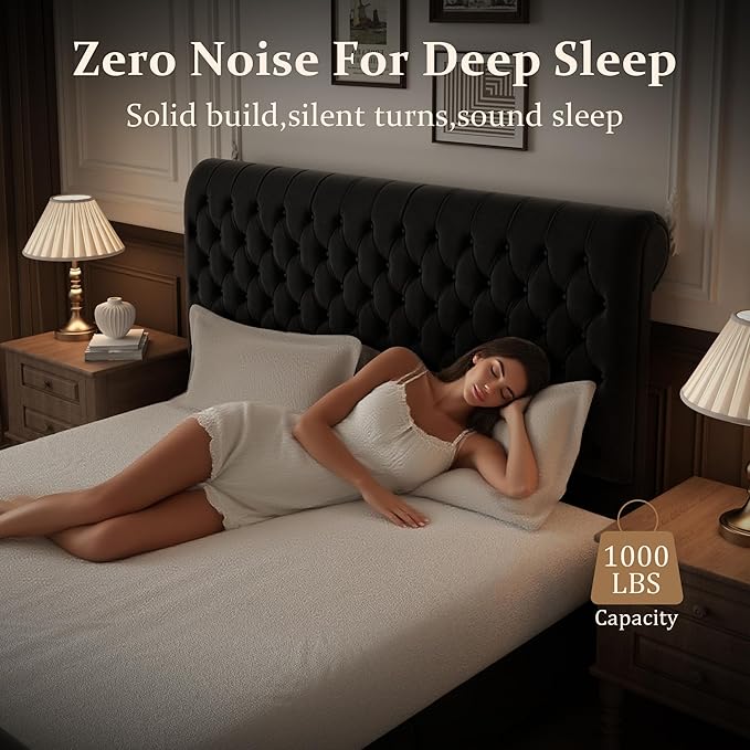 57.5" Tall King Size Upholstered Bed Frame with Rolled Headboard and Footboard, Plaform Bed Frame with Deep Button Tufting, Soft Chenille Fabric, Noise Free, No Spring Box Needed, Black