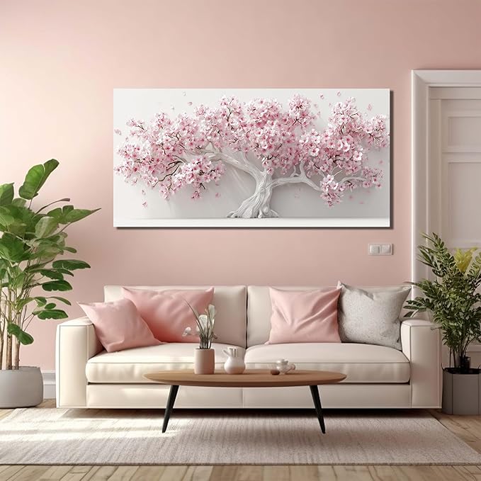 Pink Wall Art for Living Room Bedroom Home Office Large Tree Wall Decor Flower Pictures Art White Artwork Modern Floral Canvas 24"x 48"