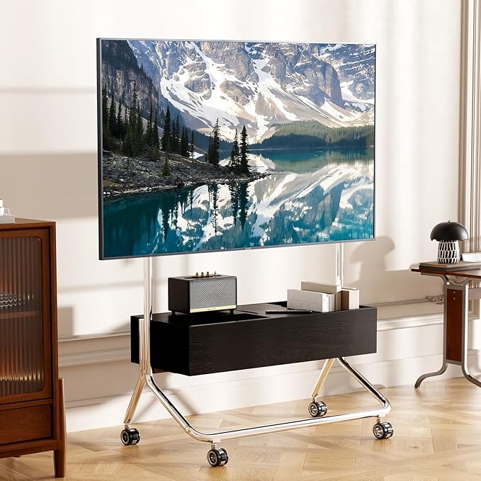 Solid Wood Mobile TV Cart Rolling TV Stand with Wheels for 42-75 Inch LCD LED Flat Curved Screens up to 180 Lbs, Heavy Duty Portable Floor Stainless Steel Mobile TV Stand (Black, 42-75inch)