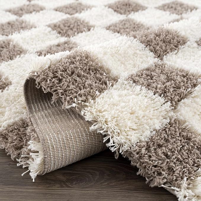 Hauteloom Atira Checkered Shag Runner Rug - Checkboard Design - High Pile Fluffy Shaggy Touch - Square Tiles - Kids Room, Hallway, Bedroom Shag - Brown, Cream, White - 2'7" x 7'3"