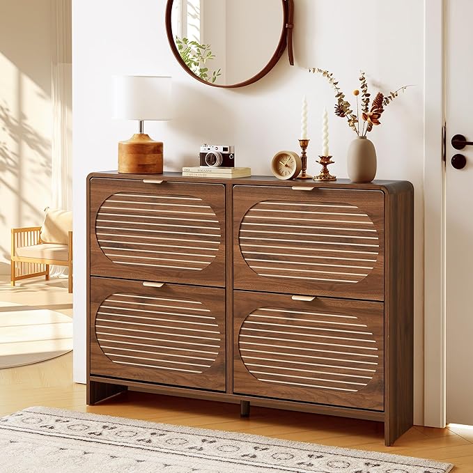 Curved Shoe Storage Cabinet for Entryway with 4 Flip Drawers, Wood Narrow Shoe Cabinet with Arched Panel, Freestanding Shoe Organizer Closed Shoe Rack for Hallway, Foyer, Walnut