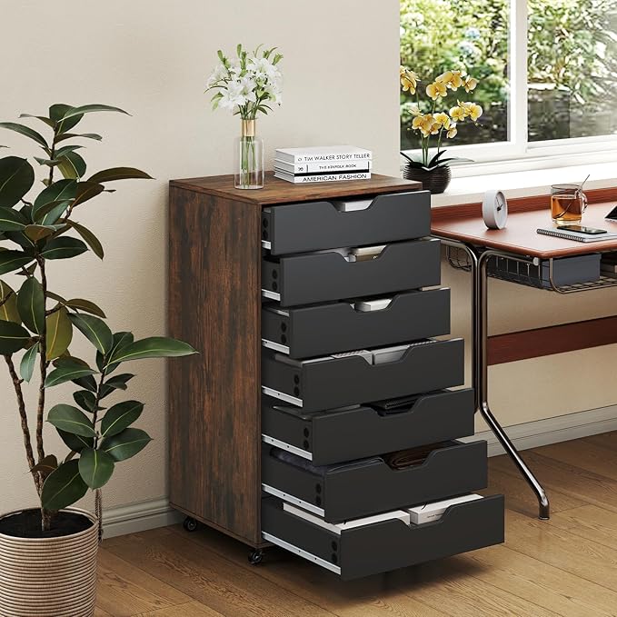 LOKO 7-Drawer Storage Cabinet, Versatile Drawer of Chest with Lockable Wheels, Mobile Office Lateral File Cabinet, for Home Office, Study (Rustic Brown + Black, 16" D x 19.5" W x 34.5" H)