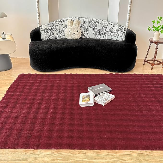 Wine Red Rabbit Plush Area Rug for Bedroom Living Room Sofa,4'X6' Faux Fur Fluffy Shaggy Rectangular Square Rug for Kids Teen Girls Room,Furry Carpet Rug for Nursery Baby Room Decor for Teenage