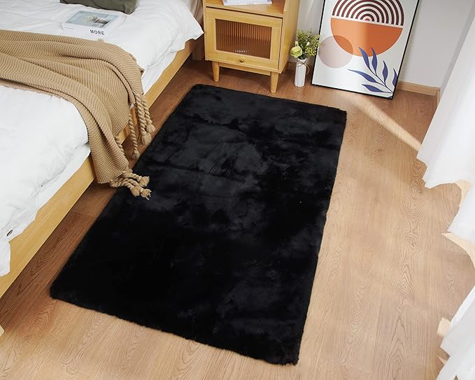 Ghouse Ultra Soft Faux Rabbit Fur Rug, Machine Washable Area Rugs for Bedroom Fluffy Rugs for Living Room, No-Shedding Carpet Sheepskin Rug Black 2 x 6 Feet
