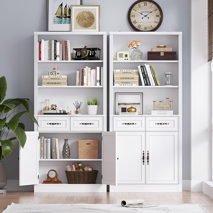 71.4" Tall Bookshelf with Drawers & Cabinet, 5-Tier Floor Standing Bookcase with Storage Doors, Adjustable Shelves & Metal Handles, 31.5" Wide Organizer for Home Office, Living Room