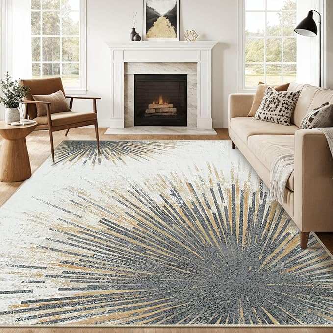 Lahome Modern 10x14 Area Rugs, Washable Ultra-Thin Large Rug for Living Room, Non Slip Throw Carpet for Dining Room, Abstract Print Indoor Soft Neutral Carpet for Bedroom Office (Gold/Gray, 10'x14')