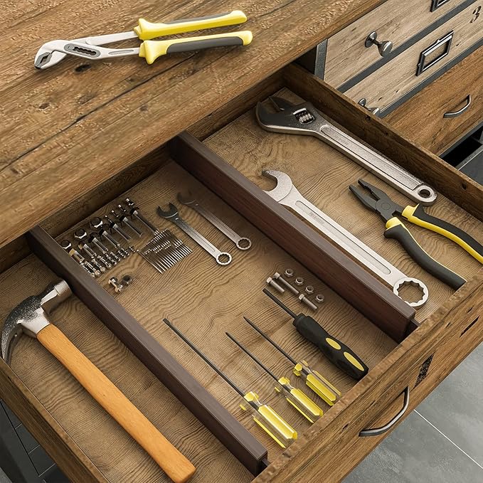 BAMEOS Drawer Divider,Expandable Bamboo Separators Adjustable Utensil Knife Fork Tool Kitchen Organizer, Clothes Fabric Drawer Organizer In Bathroom Bedroom Office, Cabinet Dresser Organizer 4-pack