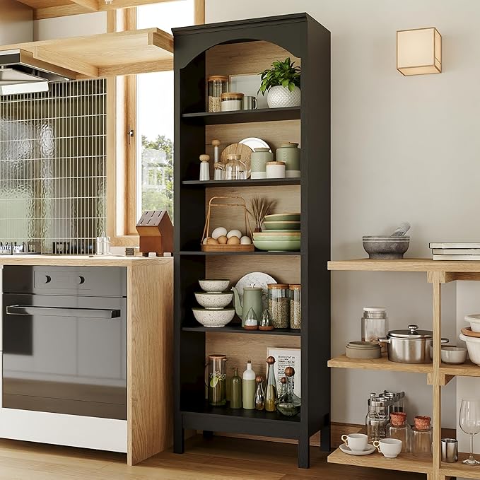 71" H Tall Bookshelf and Bookcase, Farmhouse Book Shelf with 5-Tier Open Shelves, Wooden Bookcase Freestanding Display Bookshelves for Bedroom, Living Room, Black