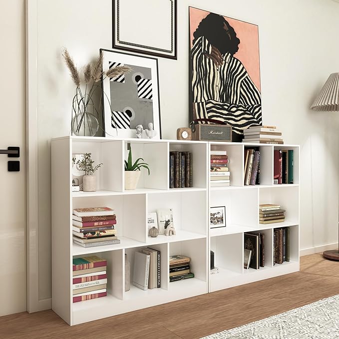 8-Cube Wooden Bookshelf with Base,3-Tier Freestanding Open Storage Organizer,Multi-Functional Bookcase for Living Room,Bedroom,Study and Office (White, 8-Cube)