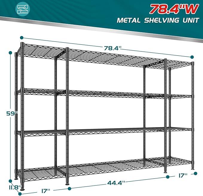 REIBII 78.4''W Storage Shelves, 4 Tier Wire Shelving Unit Loads 1500LBS with Adjustable 2PCS Heavy Duty Metal Shelving for Pantry, Kitchen,Garage Shelves.78.4''Wx11.8''Dx59''H,Black