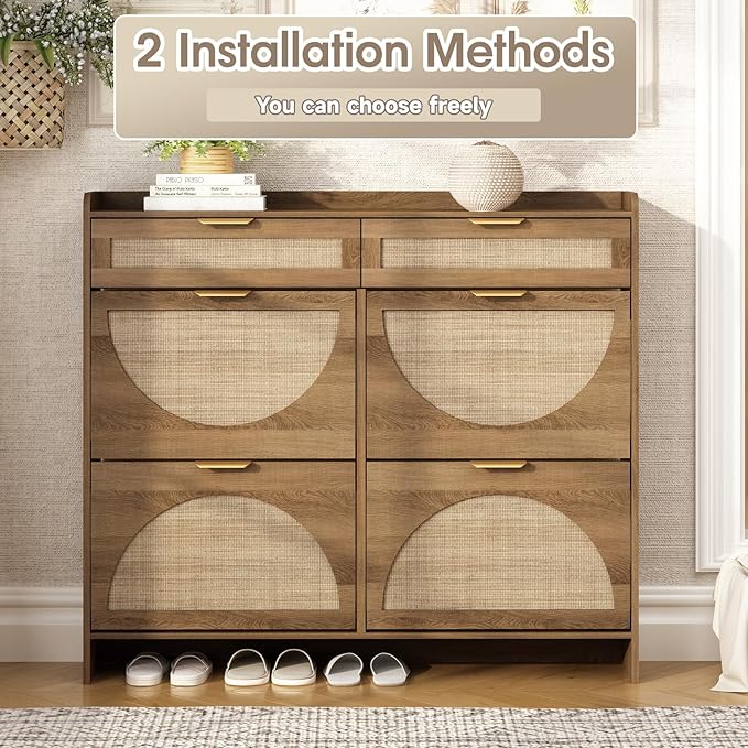 Rattan Shoe Storage Cabinet with 4 Flip Drawers & 2 Drawers, Freestanding Organizer for Front Door Entrance, Hidden Narrow Shoe Rack Cabinet Storage for Entryway, Rustic Oak Rattan