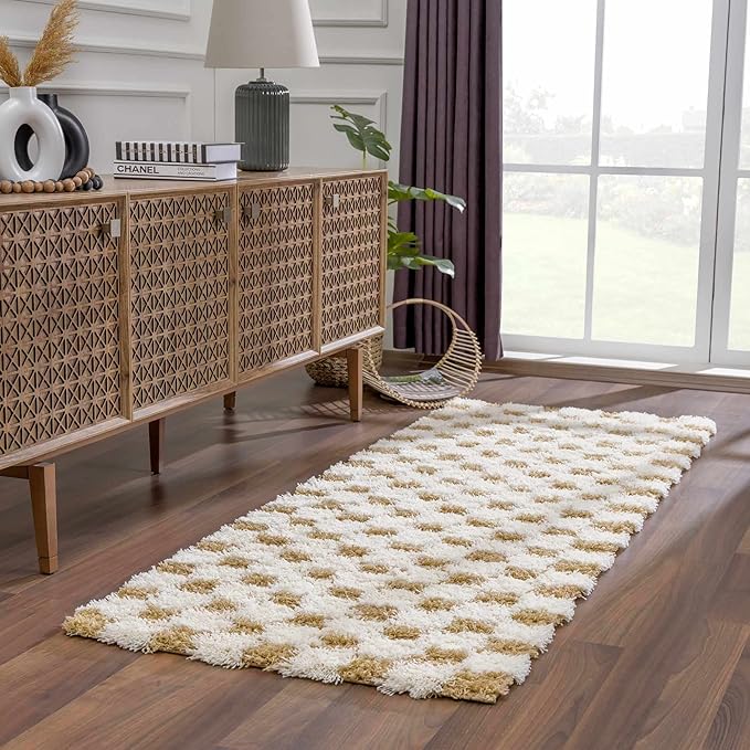 Hauteloom Atira Contemporary Checkered Fluffy Shag Runner Rug - Modern Geometric Carpet Tiles for Hallway, Kids Room - Plush Pile Carpet Squares - Yellow, Cream, White - 2'7" x 7'3"
