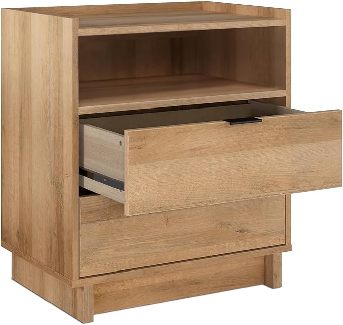 Prepac Simply Modern Nightstand Bedside Table, Natural Oak Nightstand for Bedroom, End Table with 2 Drawers and Open Shelf 23.75" W x 26.75" H x 16" D