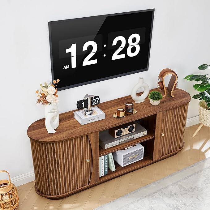 Turtle & Myrtle 63" Mid Century Modern TV Stand for Tvs up to 70", Fluted TV Media Console Table with Storage and Adjustable Shelves, Curved Edge Entertainment Center for Living Room (Walnut)