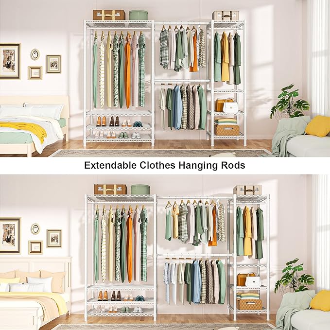 Ulif E11 Heavy-Duty Garment Rack, Metal Freestanding Clothes Rack and Closet Storage Organizer with 8 Shelves and 4 Hanger Rods, (73.2 - 97.6)"W x 14.5"D x 71.2"H, Load 1034 LBS, White