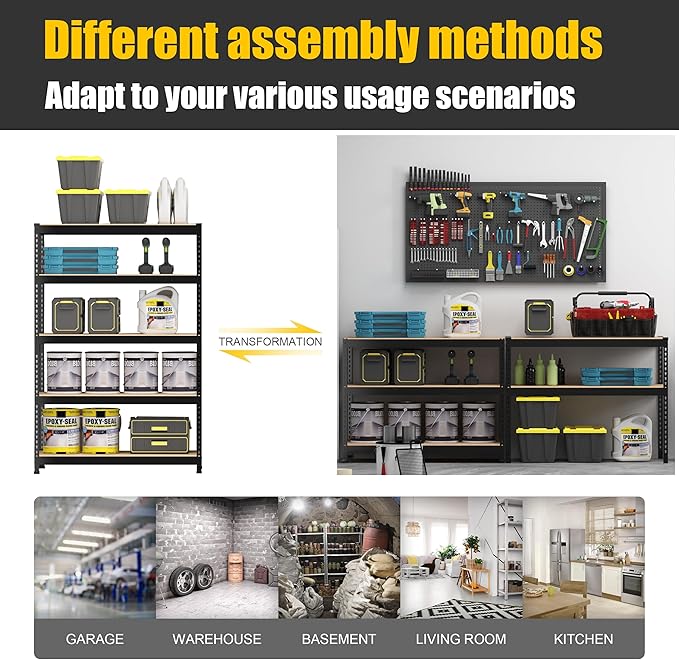 PrimeZone 48" W x 18" D x 72" H Garage Shelving Heavy Duty - Adjustable Metal Storage Shelves, 5 Tier Industrial Shelving Unit, Utility Shelf Rack for Basement, Warehouse, Pantry, Closet, Black, 2Pack