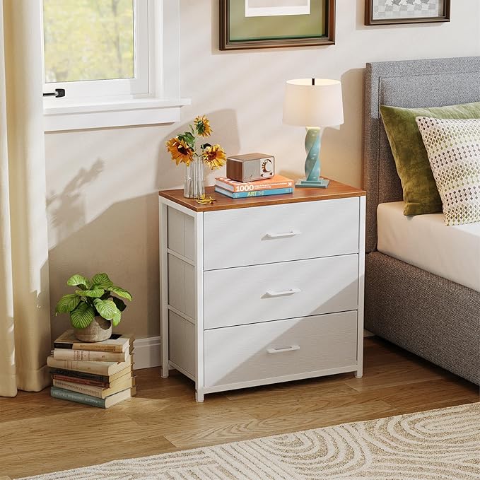 Nightstand,Farmhouse Night stand with 3 Storage Drawer,Small Dresser for Bedroom,Chest of Drawers Fabric Dressers with Steel Frame,Wooden Top Front Bedside Table for Small Space,White+walnut