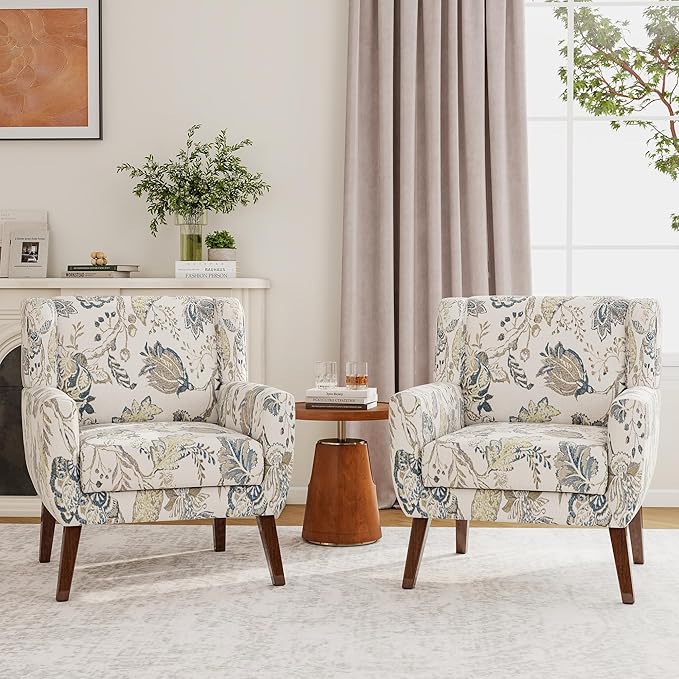 Accent Chairs Set of 2, Modern Fabric Armchairs for Living Room, Comfy Upholstered Arm Chairs Tufted for Indoor Bedroom Office Room (Pattern Leaf)