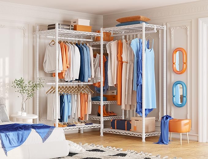 Raybee Clothes Rack Heavy Duty Clothing Racks for Hanging Clothes Adjustable Hanging Clothes Rack Garment Rack, White, 13.9" D x 70.6" W x 77" H