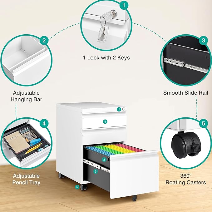 3 Drawer File Cabinet with Wheels,Under Desk File Cabinet with Lock,White Rolling Filing Cabinets,Three Drawer Metal Filing Cabinet for Home Office,Fit A4/Letter/Legal,Fully Assembled Except Caster