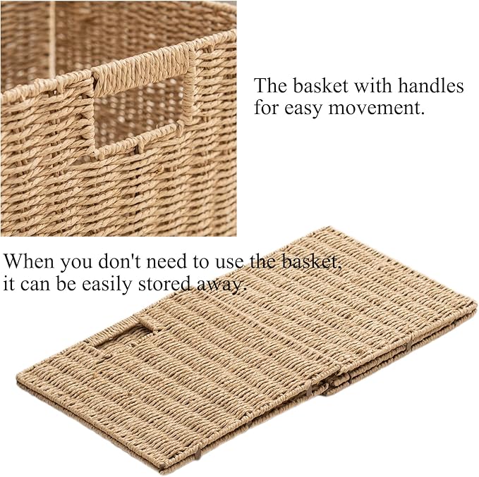 Handwoven Paper Woven Cube Basket Organizer with Handles set of 4 Foldable Storage baskets for Bedroom Living Room Cubby Storage Units for Clothes Books Toys (Natural, 13" L x 13" W x 13" H)