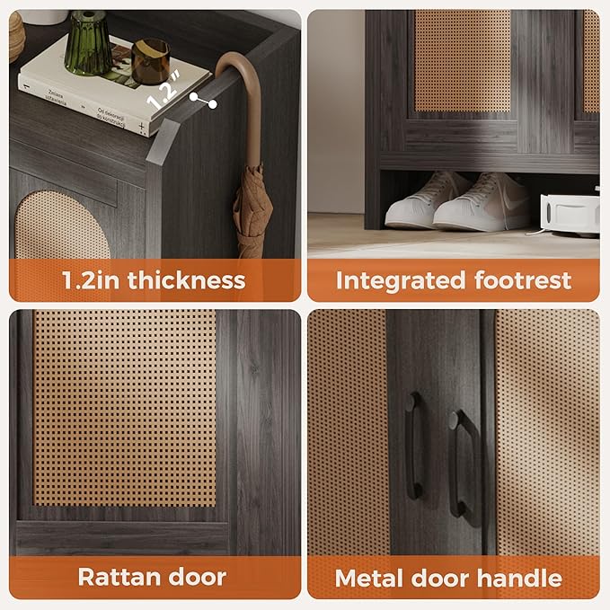 Shoe Cabinet Storage for Entryway, Natural Rattan Shoes Cupboard, Wooden Shoe Rack with Doors and Shelves, Farmhouse Boho Wood Shoe Organizer Cabinet for Hallway Black