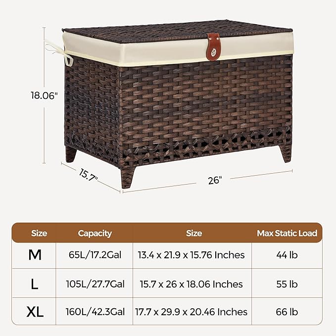 Wicker Storage Basket with Lid,Rattan Shelf Basket with Removable Liner Bag,105L Storage Bin,Storage Trunk with Heightened Feet,Storage Container for Wardrobe,Home Organizer