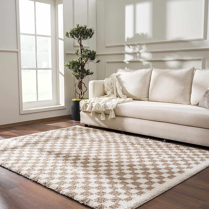 Hauteloom Kieu Contemporary Checkered Fluffy Shag Runner Rug - Modern Geometric Soft Carpet Tiles for Hallway, Kids Room, Nursery - Gray, Taupe, White - 2'7" x 7'3"