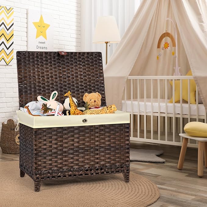 Wicker Storage Basket with Lid,Rattan Shelf Basket with Removable Liner Bag,200L Storage Bin,Storage Trunk with Heightened Feet,Storage Container for Wardrobe,Home Organizer