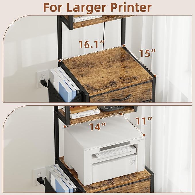 Larger File Cabinet with Charging Station and 3 Fabric Drawer, 3-Tier Tall Filing Cabinet for Home Office with Storage Shelf, Fabric Drawer, Fits A4/Letter Size, 15''W, Rustic Brown