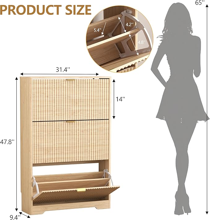 Shoe Cabinet Storage for Entryway with 3 Flip Drawers, Oak Fluted Shoe Cabinet with Adjustable Shelves, Wooden Hidden Shoe Rack Freestanding Narrow Slim Shoes Storage for Hallway, Entrance