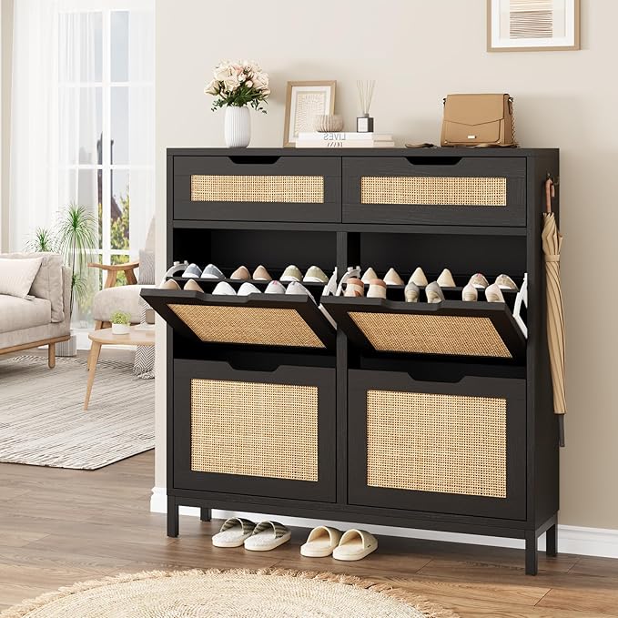 Rattan Shoe Cabinet for Entryway with 4 Flip Drawers & 2 Top Drawers, Freestanding Narrow Shoe Storage Cabinet with Metal Legs for Foyer, Hallway (Black)
