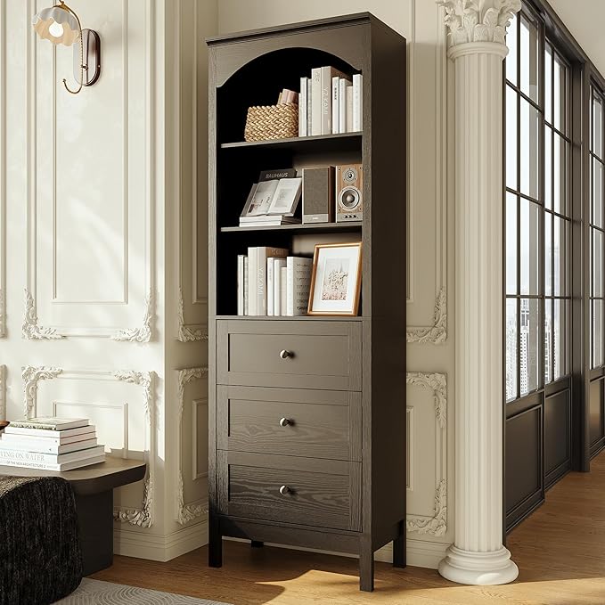 71" H Tall Bookshelf with Drawers, Farmhouse Book Shelf with 3-Tier Open Shelves, Wooden Bookcase with Storage Drawers, Freestanding Bookshelves for Bedroom, Living Room, Black