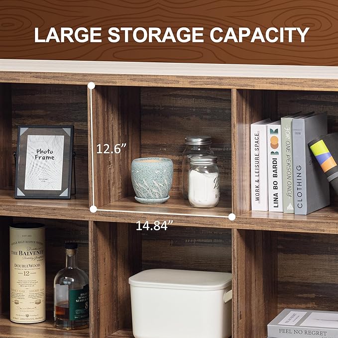8 Cube Storage Organizer Bookshelf, Industrial Horizontal Bookcase, Accent Cubby Shelf, Media Console Table for Living Room, Home Office, 63 Inches, Light Oak