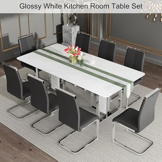 79 Inch Modern Dining Table Set for 8, White Luxury Kitchen Set with 1.8-inch Faux Marble Table Top & 8 PU Leather Upholstered Chairs for Dining and Living Room