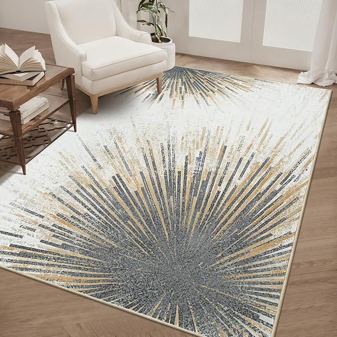 Lahome Modern Living Room Area Rug - 4x6 Rug Washable Non-Slip Soft Bedroom Rugs Ultra-Thin Throw Office Rug, Abstract Print Low-Profile Carpet Rug for Kitchen Laundry Room Entryway (Gold/Gray, 4'x6')