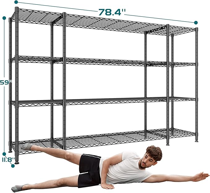REIBII 78.4''W Storage Shelves Wire Shelving Unit Load 1500LBS,4 Tier Metal Shelving with Adjustable Metal Shelf Wire Rack for Pantry Shelves Commercial Shelving Kitchen Garage 78.4''Wx11.8''Dx59''H