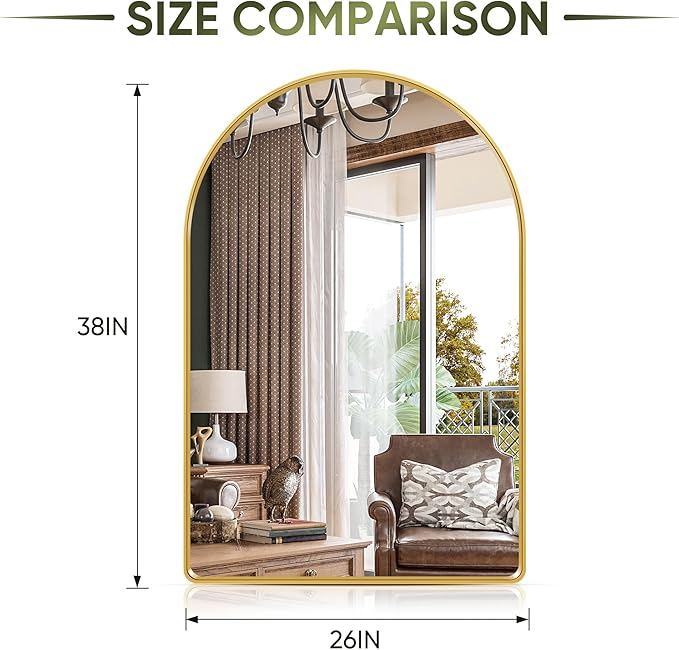 Suidia 26" x 38" Bathroom Mirror, Bathroom Vanity Mirror Metal Framed, Wall-Mounted Mirrors for Bedroom, Living Room, Entryway, Hallway, Gold, Arch Style