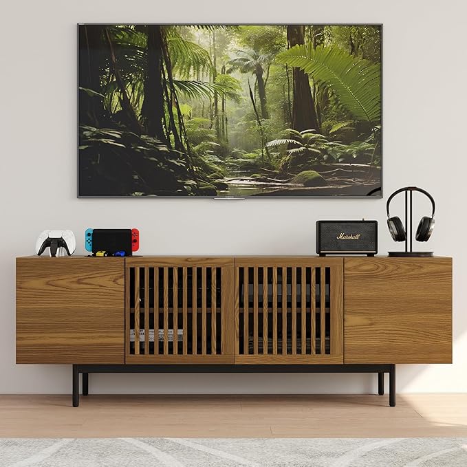 POVISON Full Assembled Mid-Century Modern TV Stand with Slatted Doors, Wood Media Console for 65 Inch TV, TV Console with Tall-cast Metal Legs, Entertainment Center with Storage for Living Room